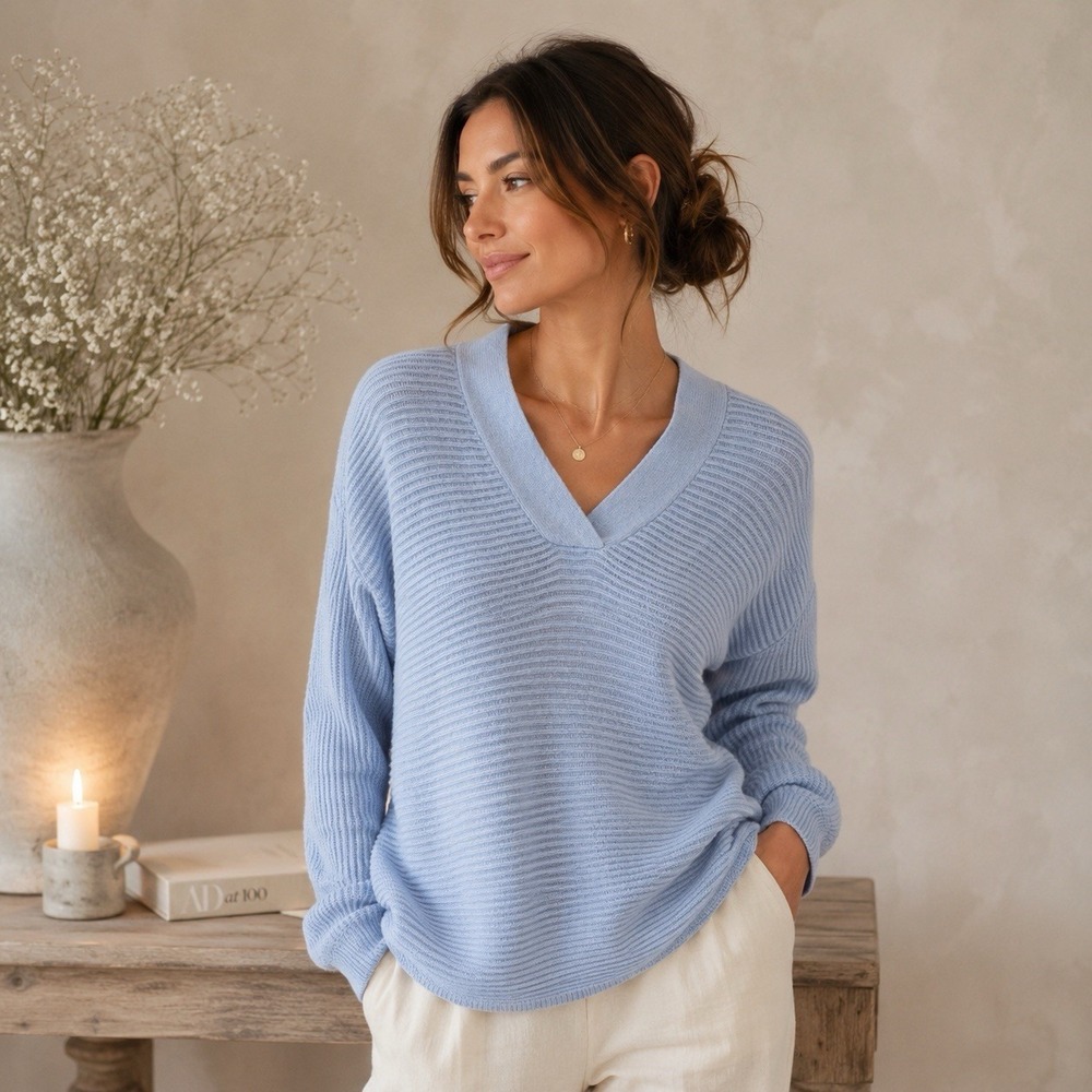 Talbots Cashmere Blend Sweater Womens Small Blue Ribbed V-Neck Pullover Knit